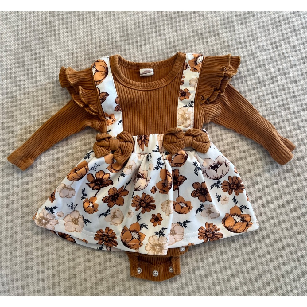 Baby Girls 0-3M Floral Pinafore Bodysuit Dress Brown Ribbed Ruffle Fall Outfit